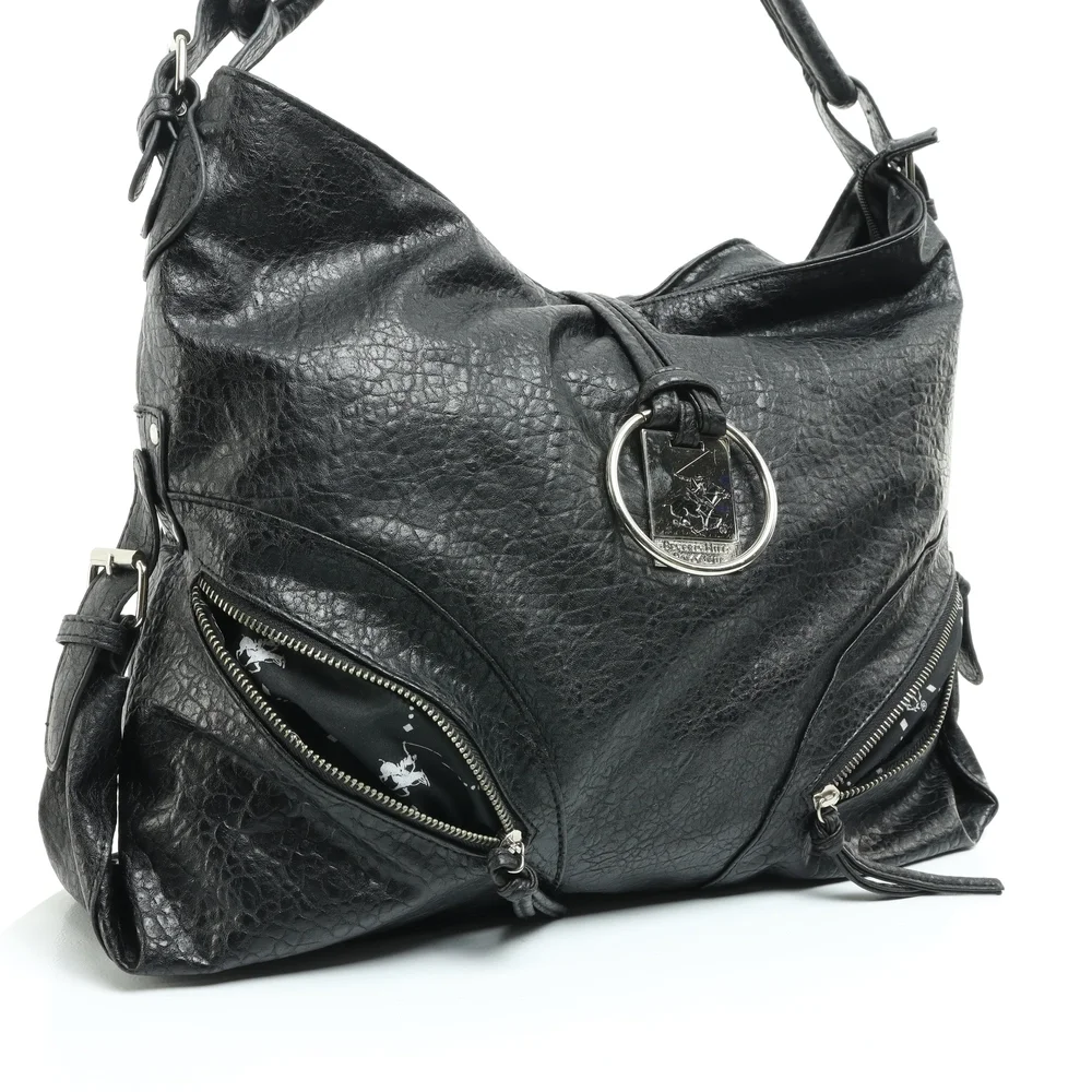 Beverly Hills Polo Club Shoulder Purse Faux Leather Hobo Bag17x13x4 Black/Silver